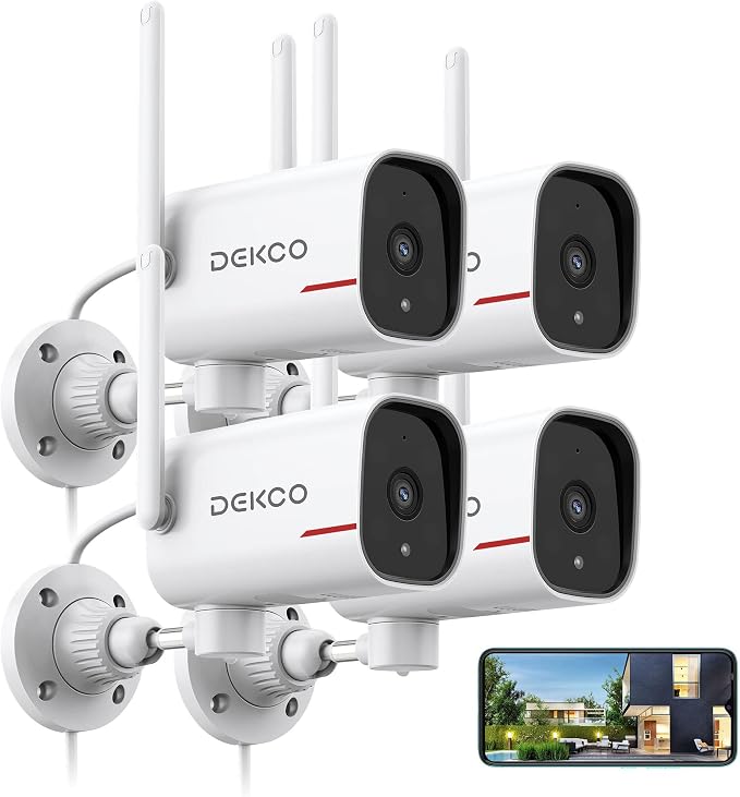 DEKCO 4 Pack Wired Home Camera Outdoor with 2K Color Night Vision, Pan Rotating 180° Security Cameras Support 24/7 Recording, 2.4GHz WiFi, AI Human Auto Tracking, Work with Alexa/Google Assistant by DEKCO_LIFE