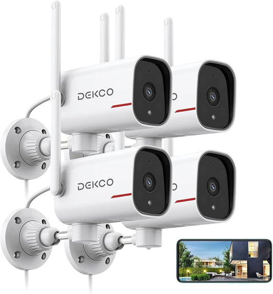 DEKCO 4 Pack Wired Home Camera Outdoor with 2K Color Night Vision, Pan Rotating 180° Security Cameras Support 24/7 Recording, 2.4GHz WiFi, AI Human Auto Tracking, Work with Alexa/Google Assistant by DEKCO_LIFE
