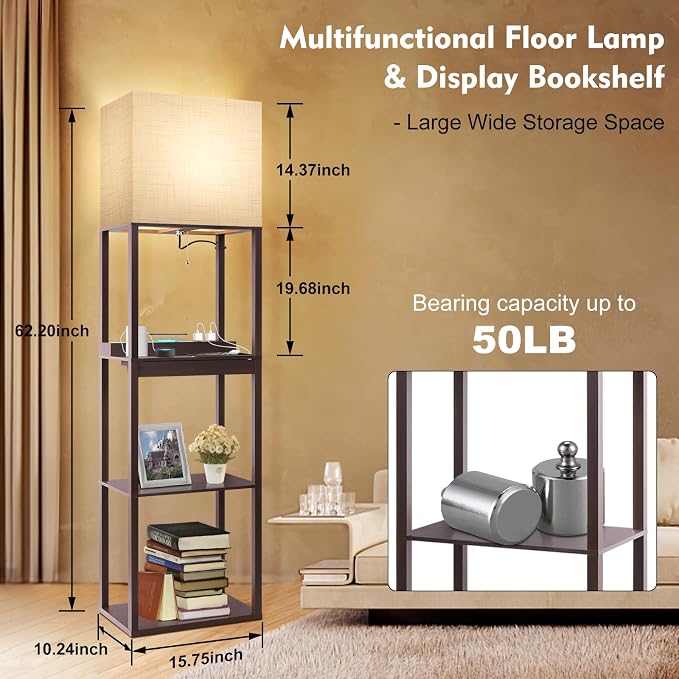 RUNTOP Floor Lamp with Shelves, Modern Standing Lamp with Wireless Charger, 1 Drawer and 2 USB Ports & 2 Power Outlet, 15W LED Bulb 3 Colors, Memory Function, Shelf Lamp for Living Room and Bedroom - Image 5