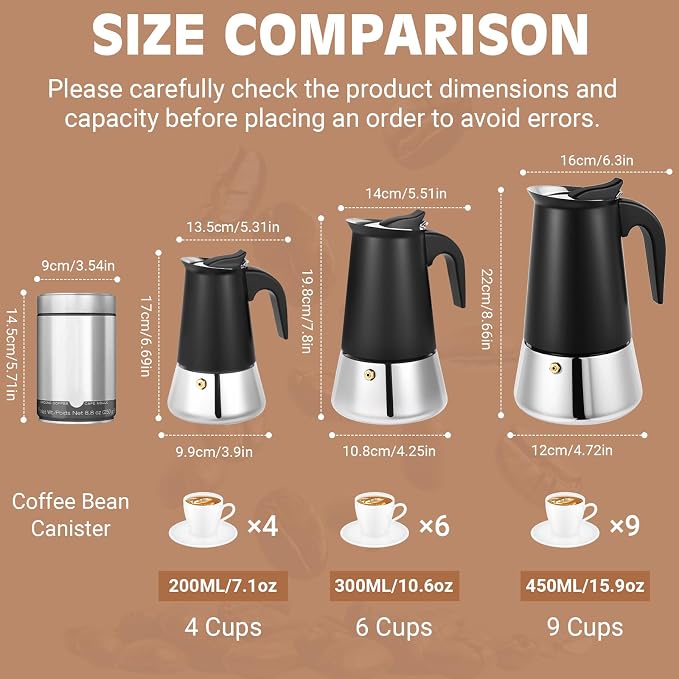 6 Cup Stainless Steel Moka Pot, 300ml Stovetop Espresso Maker, Black - Image 3