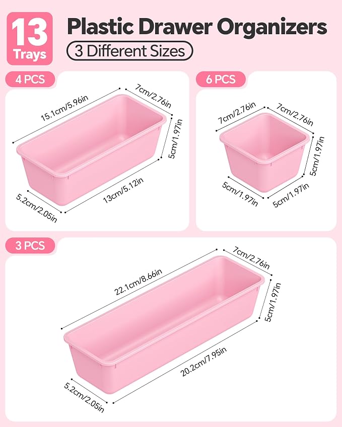 Canfanni 13 Pack Plastic Drawer Organizers Set, 3 Sizes Desk Drawer Organizer Trays for Vanity and Makeup Organizer, Organization and Storage for Makeup, Kitchen Utensils, Bathroom and Office(Pink) - Image 2