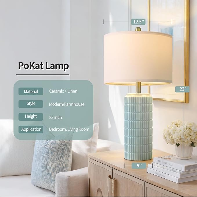PoKat 23" Light Blue Table Lamps Set of 2, Modern Bedside Lamps for Bedroom, Coastal Ceramic End Table Lamps for Living Room, Ocean Nightstand New Home Decor Lamps - Image 2