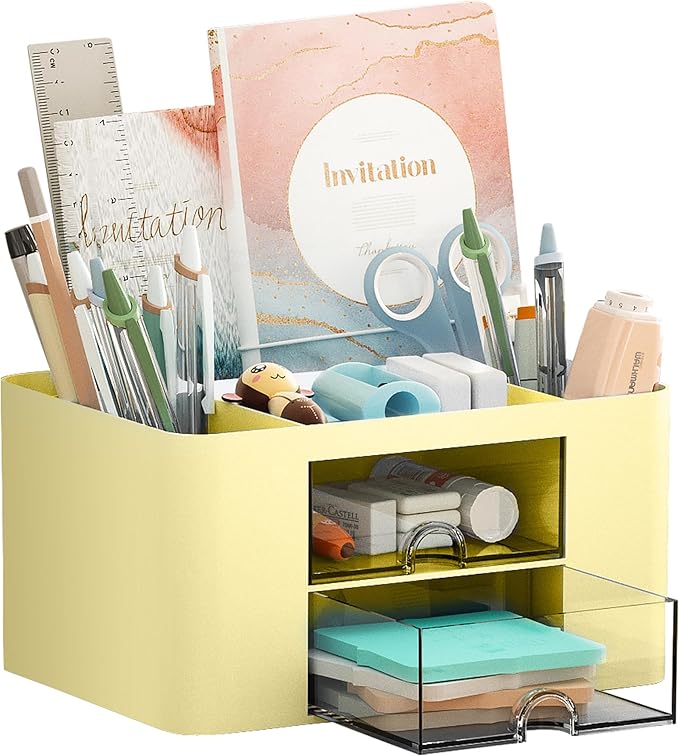 Marbrasse Pen Organizer with 2 Drawer, Multi-Functional Pencil Holder for Desk, Desk Organizers and Accessories with 5 Compartments + Drawer for Office Art Supplies (Yellow) by Marbrasse