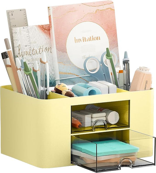 Marbrasse Pen Organizer with 2 Drawer, Multi-Functional Pencil Holder for Desk, Desk Organizers and Accessories with 5 Compartments + Drawer for Office Art Supplies (Yellow) by Marbrasse