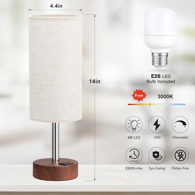 Dicoool Bedside Table Lamp for Bedroom - 3-Way Dimmable Touch Lamp, USB A+C | LED Bulb Included, 14" Small Nightstand Lamp for Desk, Living Room, Guest Room, Cream Fabric Lampshade, Redwood Metal Base - Image 5