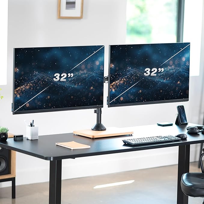 VIVO Dual Monitor Desk Stand for 13 to 32 inch Screens, STAND-V002FD-B | Articulating, Freestanding Adjustable Monitor Arm, Black with Wood Base, Computer Stand for 2 Monitors, Holds 22 lbs Each - Image 2