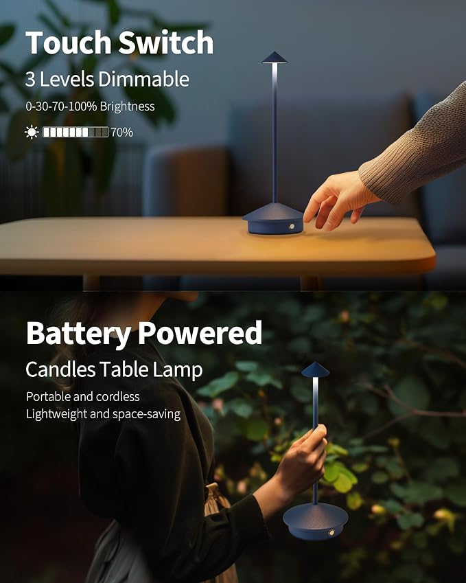Modern Cordless Table Lamp Set of 2, Blue Portable LED Desk Lamps | 4000mAh, Rechargeable, Battery Operated Lighting for Bedroom, Dining Room, Restaurant, Coffee Shop, Camping, Night Light - Image 4