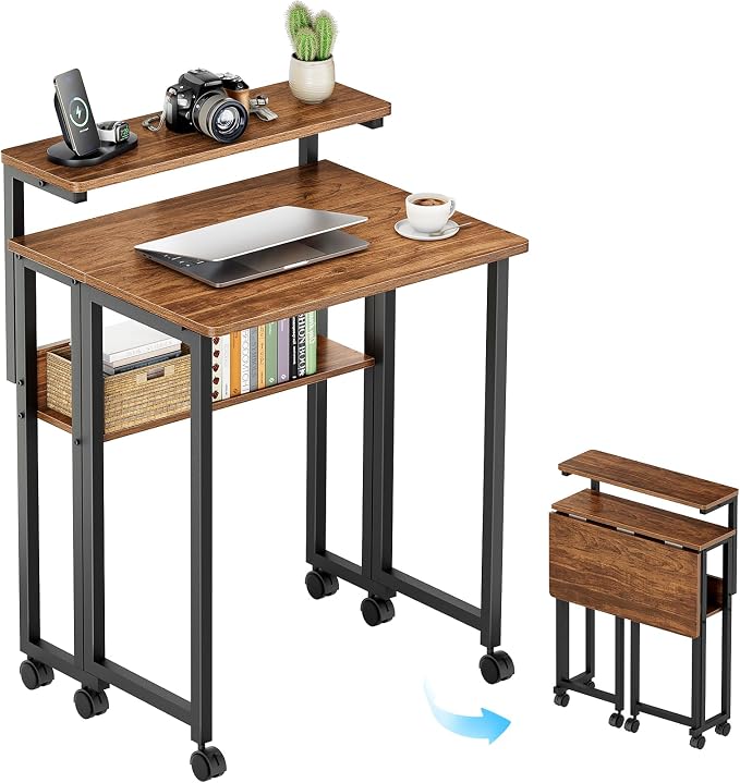 GreenForest Folding Desk with Adjustable Monitor Stand, 24.8 in Small Desk | Storage Shelf, Lockable Wheels, Portable, Space Saving, Mobile Rolling Table for Small Spaces, Home Office, Writing, Walnut by GreenForest