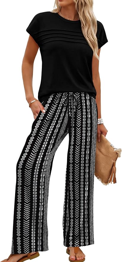 WIHOLL Two Piece Set for Women Summer Spring Outfits Matching Sets Women Clothing Airport Travel Vacation Wide Leg Pants - Image 2