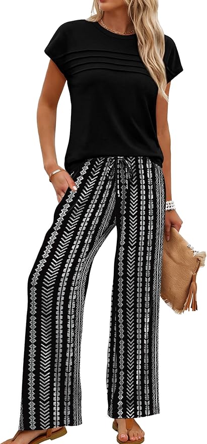 WIHOLL Two Piece Set for Women Summer Spring Outfits Matching Sets Women Clothing Airport Travel Vacation Wide Leg Pants - Image 2
