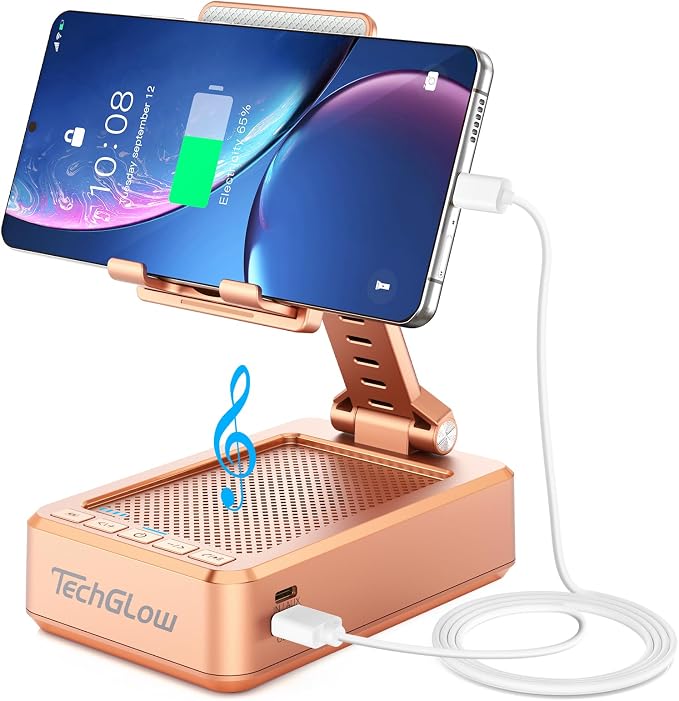 TechGlow Gifts for Men Women Foldable Cellphone Stand with Bluetooth Speaker and Charging Function Birthday Gift Idea for Mom Dad Cool Gadget Tech Gifts-Rose Gold by TechGlow