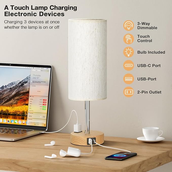 Fenmzee Bedside Table Lamp for Bedroom - Dimmable Touch, USB A+C, AC Outlet | 3-Way Dimmable, LED Bulb Included, Fabric Lampshade, Wood-Grain Metal Base, 14" Small Nightstand Lamp for Desk, Living Room - Image 7