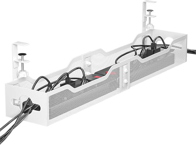 Under Desk Cable Management Tray White, Litwaro Cable Management Under Desk No Drill, 25'' Cable Tray with Clamp for Wire Management, Cord Organizer for Office, Home - No Damage to Table by Litwaro