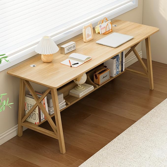NELYE Extra Long Writing Desk with Bookshelf, 63" Wx20 Dx30 H, Oak | Wooden Home Office Work Study Table, Computer Gaming Workstation with Storage Shelf, Sturdy MDF Resists Wobble by NELYE