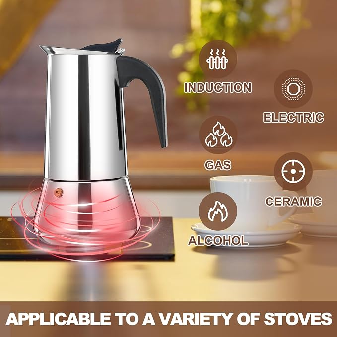 4 Cup Stovetop Espresso Maker Stainless Steel Moka Pot Stove Top Percolator Italian Coffee Makers Capable Mocha Greca Machine Cafe Classic Induction Cookers for Home and Camping 200ml 6.6oz - Image 5