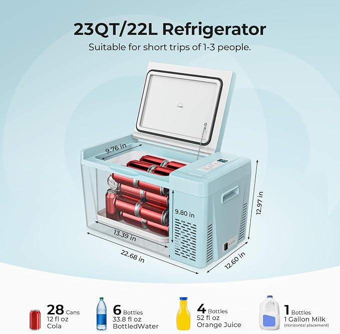 BougeRV Green 23Quart Portable Refrigerator, 12 Volt Fridge 22L, Portable Freezer Compressor Cooler 12/24V DC 110~240 Volt AC for Truck Van RV Camper -8℉~50℉ - Image 2