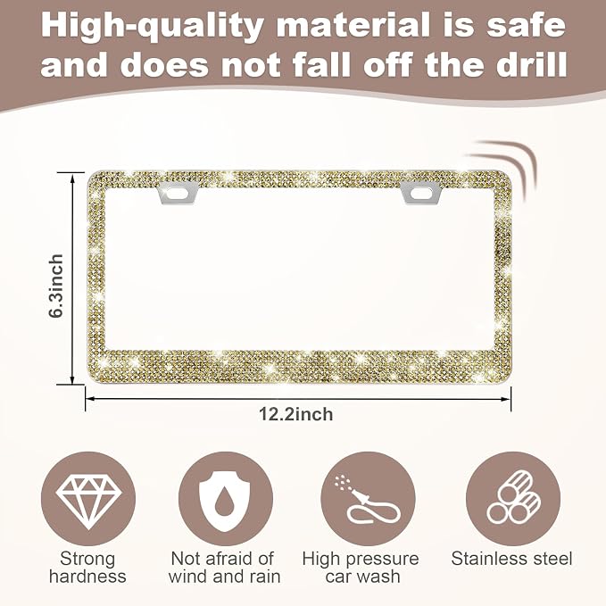 QUANQIUFEI 2 Pack Bling License Plate Frames for Women, Sparkly Rhinestone Diamond Car Accessories with Glitter Crystal Caps (Gold) - Image 3