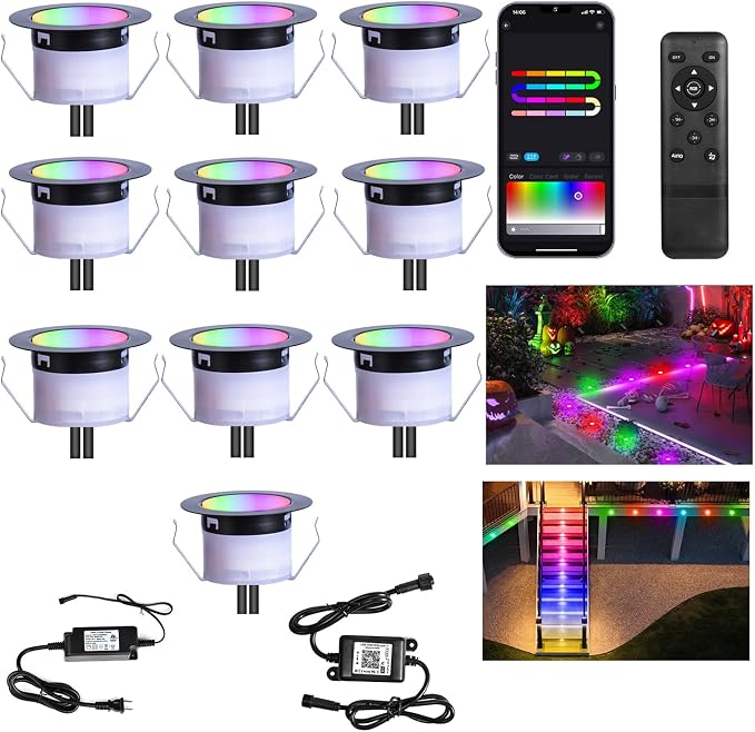 Sumaote Recessed Smart Deck Lights Kit, 10 Pack Ø 1.77" RGBW+IC Multicolor Dynamic Low Voltage Landscape Lights IP67 Waterproof Outdoor for Garden Yard Path Ground Stairs by Sumaote