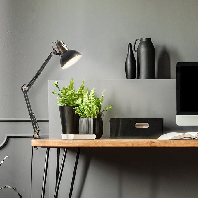 Globe Electric 62000009 32" Multi-Joint Desk Lamp with Metal Clamp, Matte Black, Antique Brass Accents, On/Off Rotary Switch on Shade, Partially Adjustable Swing Arm, Home Décor, Office Accessory - Image 4