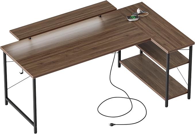 Mericonia 55 in L Shaped Gaming Desk, Large Corner Desk with Monitor Stand | Reversible Computer Desk with Power Outlets, LED Light & Storage Shelves, Office Table for Home Bedroom Study Work Writing by MERICONIA