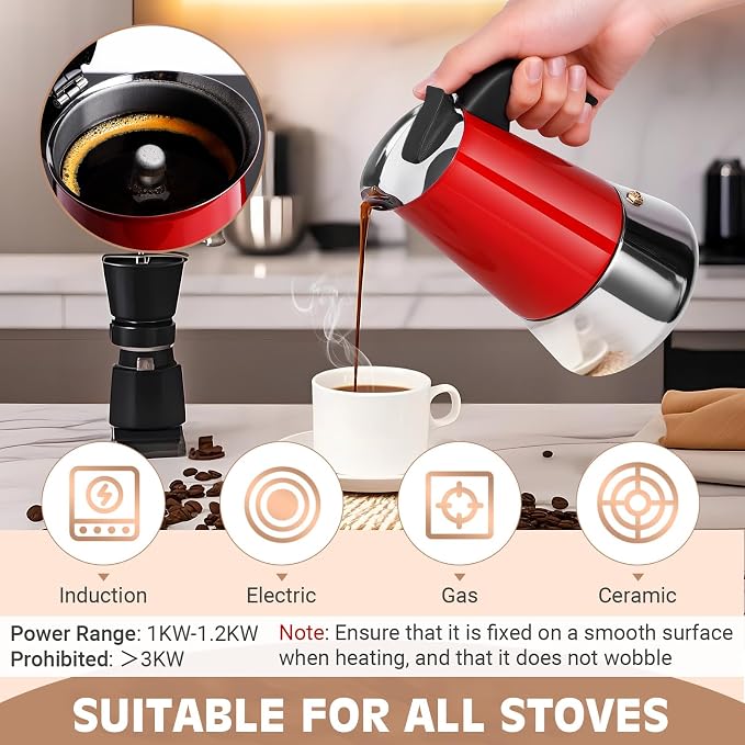6 Cup Stainless Steel Moka Pot, 300ml Stovetop Espresso Maker, Red | 304 Stainless Steel Mocha Pot, Induction Compatible, Greca de Cafe, Cuban and Italian Coffee Maker - Image 5