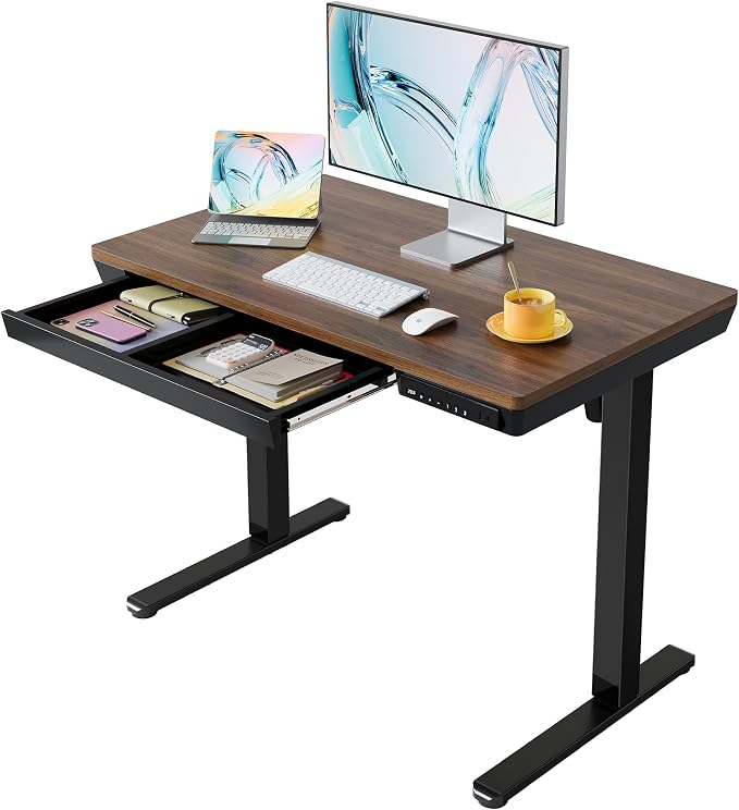 HUANUO Electric Standing Desk with Drawers, 40 X 24 Inch Electric Adjustable Height Desk, Quick Install One-Piece Tabletop with USB Charging Ports, Sit to Stand Up Desk for Home Office, Black Walnut by HUANUO