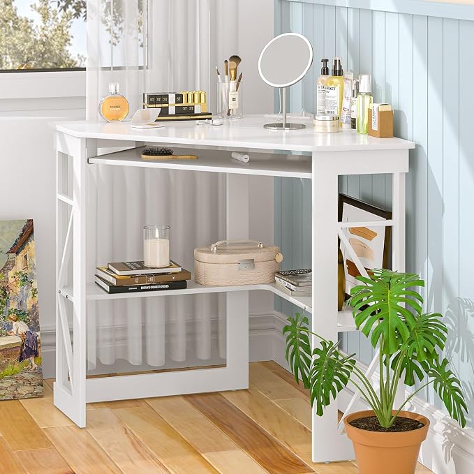VECELO Corner Desk, Triangle Computer Desk for Small Space with Charging Station and Keyboard Tray, Corner Makeup Table with Storage Shelves for Home Office Bedroom, 41x30, White - Image 4