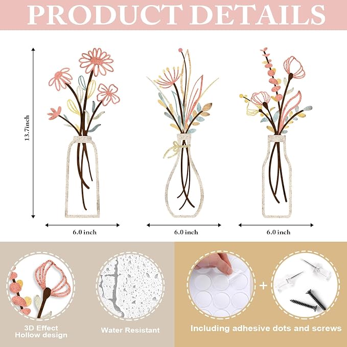 Pigort 3 Pieces Metal Flowers Wall Arts - Rustic Farmhouse Style Décor Metal Wall Art Black Minimalist Flower Natural Themed Wall Decors for Home Bedroom Dining Room Housewarming (Pink Beige) - Image 2