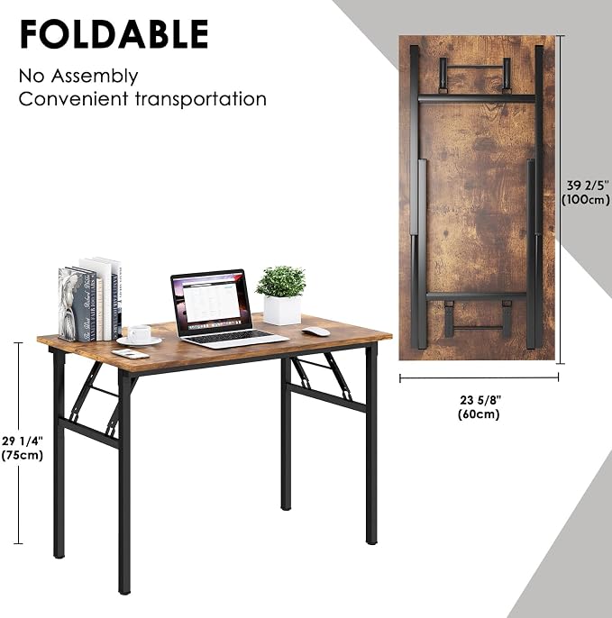 Need Office Computer Desk 39.3 Inch Sturdy Folding Laptop Table Retro | Black Frame Writing Gaming Work Table/Foldable Home Office Desk/Sewing Table, No Assembly Required - Image 3