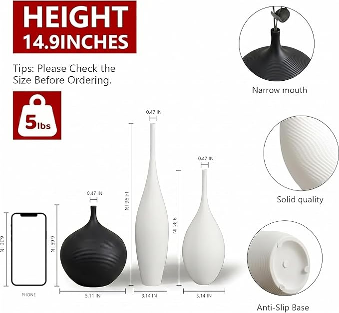 Relexome White Ceramic Vase Modern Wabi-Sabi Black Flower Vase Set of 3 Decorative Aesthetic Vases for Centerpieces Pampas Matte Minimalist Vases for Living Room Table Shelf Home Decor Gift - Image 2