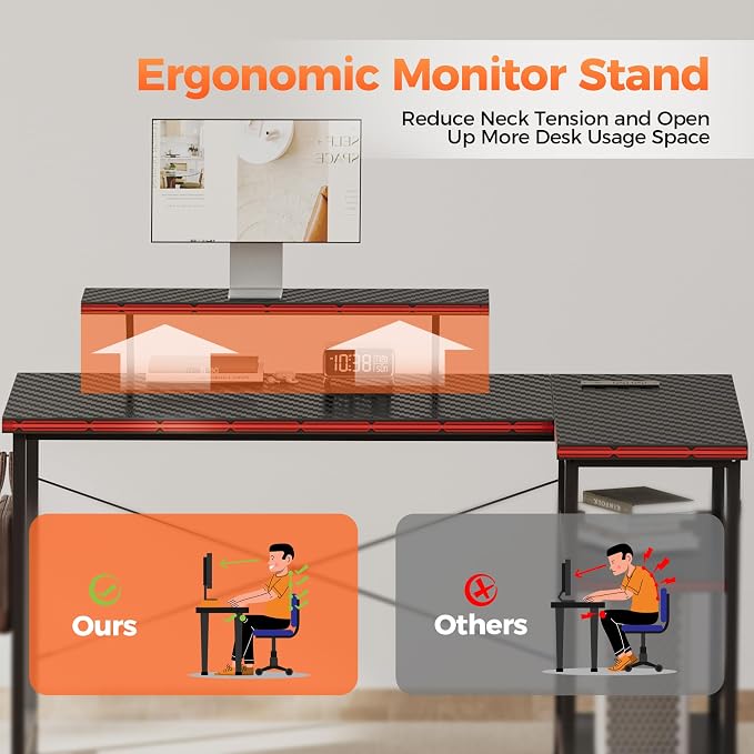 Mericonia 48 in Corner Desk with Monitor Stand, Small L Shaped Gaming Desk | Reversible Computer Desk with Power Outlets, LED Light & Storage Shelves, Office Table for Home Bedroom Study Work Writing - Image 4