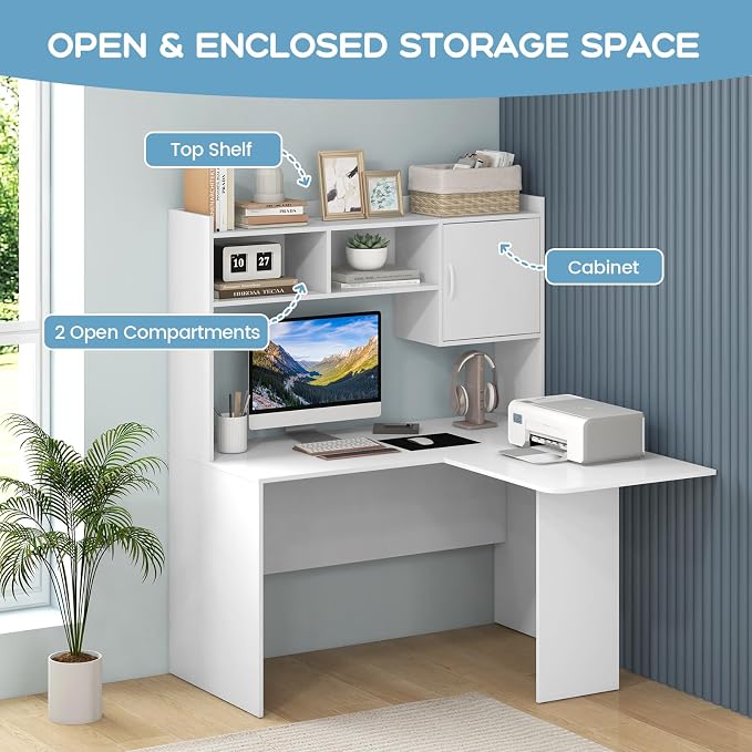 Tangkula L-Shaped Desk with Storage Hutch, Corner Computer Desk with Shelves & Cabinet, Modern Writing Study Table for Home Office, Laptop PC Workstation, White - Image 5