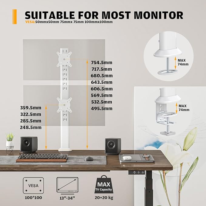 Hemudu Dual Monitor Articulating Desk Mount Arm Stand - Vertical Stack Screen Supports Two 13 to 34 Inch Computer Monitors with C Clamp White - Image 5