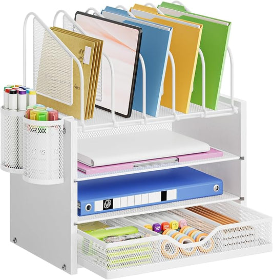 Marbrasse Desk organizer with Drawer, 4-Tier Wooden File Organizer with 5 Vertical File Holders and 2 Pen Holders, Desk Organizers and Accessories for Home Office - White by Marbrasse
