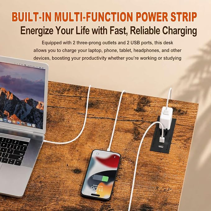 Folding Table Computer Desk - 43.3" No Assembly Folding Desk with Power Outlets & USB Charging Port, Small Desk, Foldable Office Desk, Compact Storage Portable Use for Small Space, Rustic Brown - Image 6