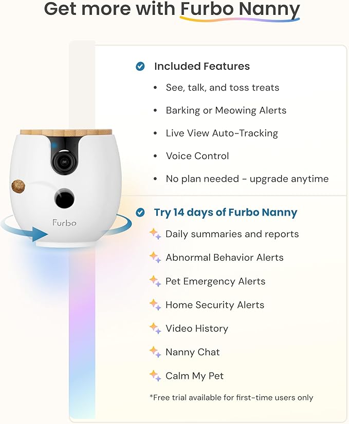 Furbo Mini 360° 2K QHD Pet Camera: Basic See, Talk & Toss Features, No AI Alerts, No Subscription Required, Dog & Cat Rotating Treat Dispenser w/Phone App, Smart Indoor Cam, 2-Way Audio & Night Vision - Image 4