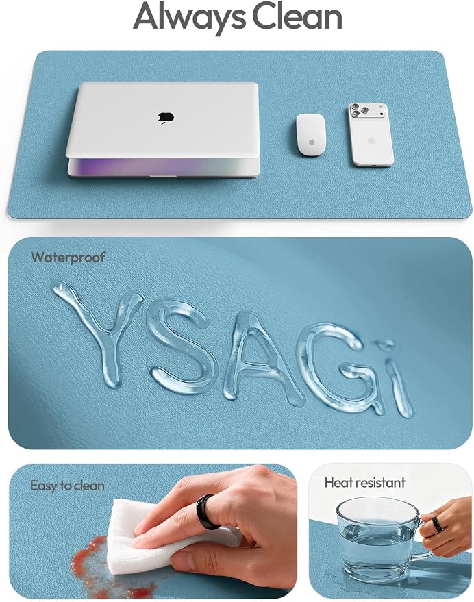 YSAGi Leather Desk Protector, Office Mat, Large Mouse Mat, Non-Slip PU Leather Blotter, Laptop Desk Mat, Waterproof Writing Pad for Office and Home(Sea Blue, 63" x 24") - Image 7