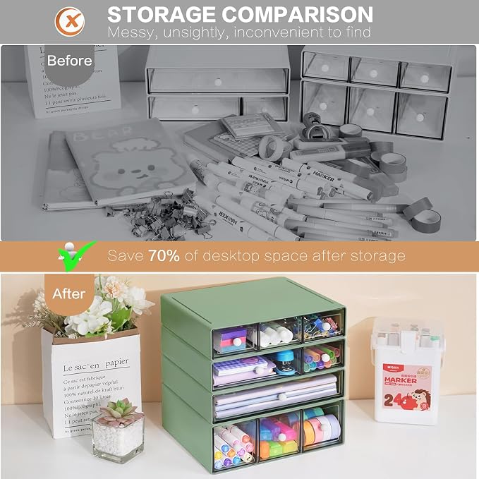Desk Storage Organizer with 9 Drawers, 4 Tiers Stackable Desktop Craft Storage Drawers, Clear Storage Box Caddy for Stationary Makeup Jewelry Office Craft Supplies (Green) - Image 6