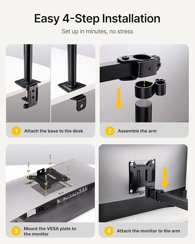 monTEK Extra-Long Monitor Arm for 17-32" Screens, 22 lbs | Articulating desk mount, extended reach, height adjustment, tilt, swivel, clamp/grommet bases and VESA 75/100 - Image 6