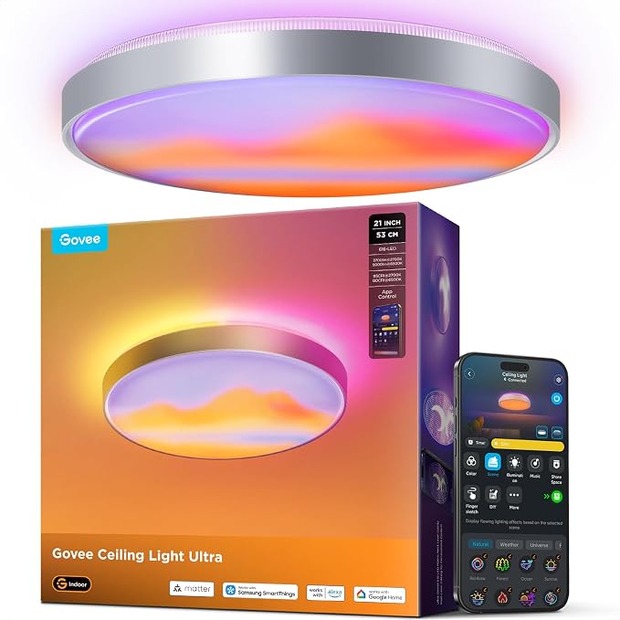 Govee Ceiling Light Ultra 21 Inch, 5000LM Smart Flush Mount Ceiling Light | DIY Ceiling Canvas for Living Room, Bedroom & Game Room, Compatible with Matter & Alexa, RGBIC & Tunable White 2700K-6500K by Unknown