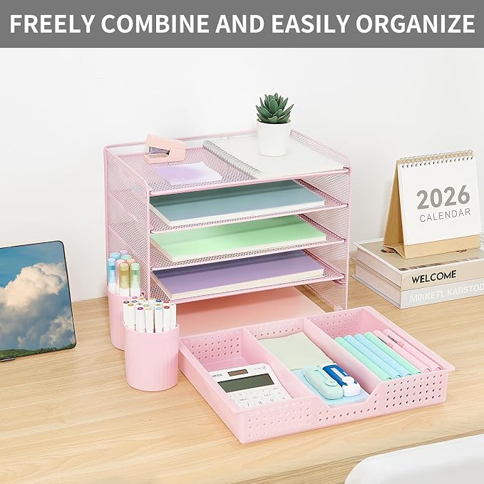 LEKETREE Desk Organizers and Accessories, 5-Tier Paper Letter Tray Organizer with Drawer & 2 Pen Holders, Desktop Organizer for Office Supplies (Pink) - Image 6