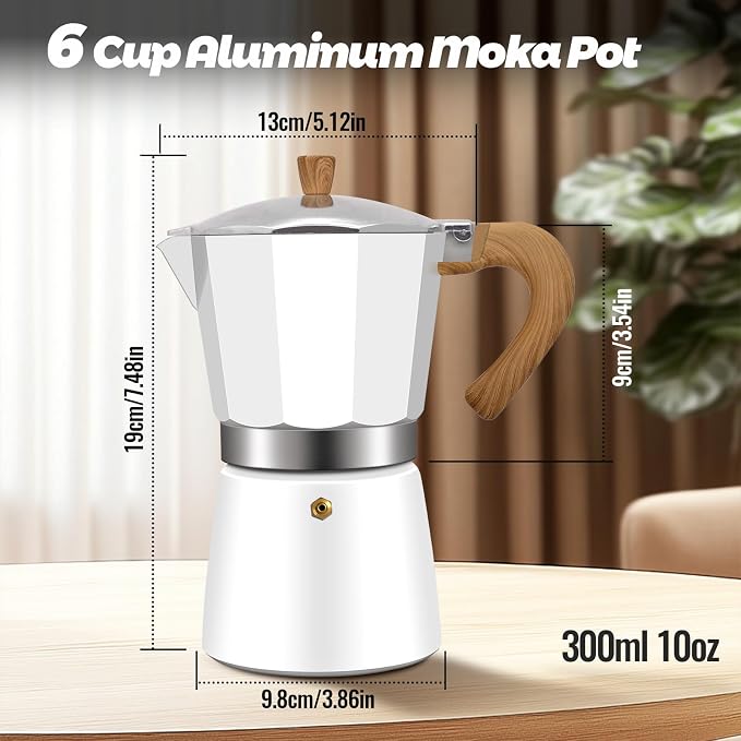 6 Cup Aluminum Moka Pot Classic Stovetop Espresso Coffee Maker 300ml 10oz Coffeemaker Percolator Mocha Express Preferred Cafe Makers for Italian and Cuban Café Brewing White - Image 2
