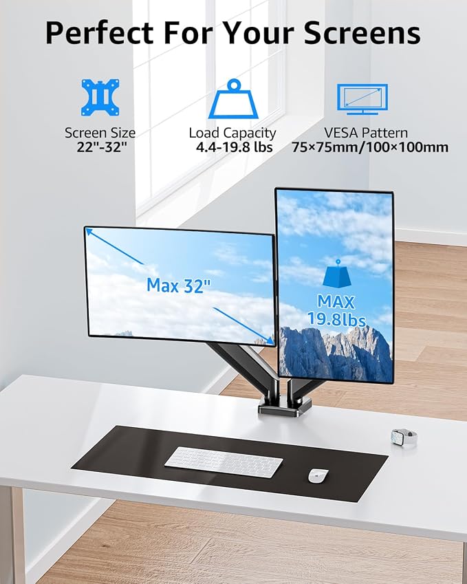 Dual Monitor Stand fits up to 32 inch, 4.4-19.8 lbs Computer Screens, Dual Monitor Desk Mount Height Adjustable, Monitor Arms for 2 Monitors, Home Office VESA Mounts, Freelift Black - Image 2