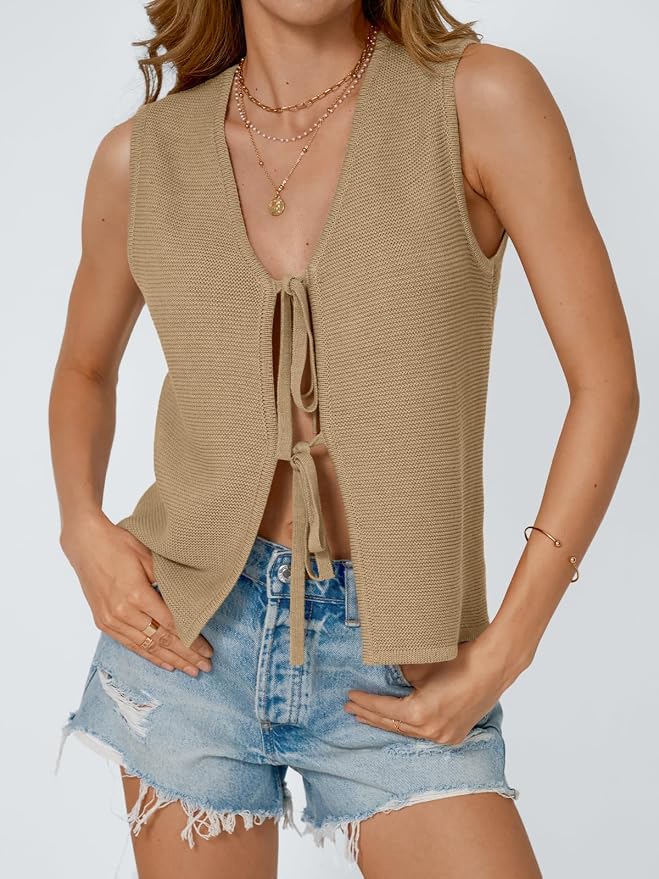 LILLUSORY Womens Tie Front Tops Vacation Sweater Vest | Bohemian Style, Beach Resort Wear, Concert Western Outfits, Crochet Tops, Vacation Outfits, Cute Y2k Sleeveless 2026 - Image 2