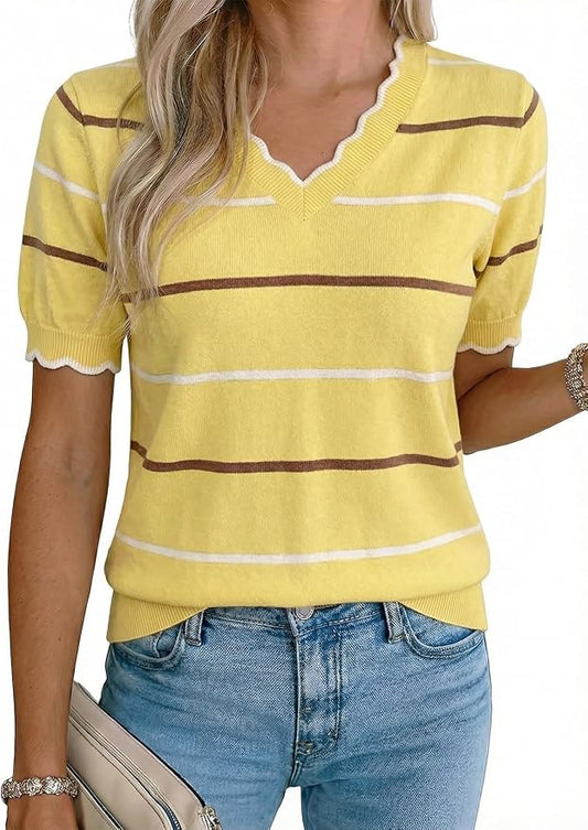 Dokotoo Womens Summer Short Sleeve Knit Tops 2026 Spring Trendy Casual V Neck Striped Sweater Blouses by Dokotoo