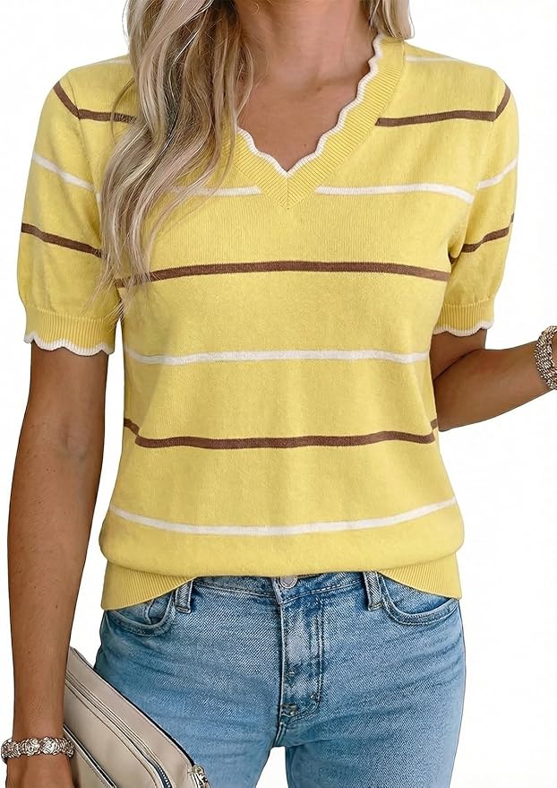 Dokotoo Womens Summer Short Sleeve Knit Tops 2026 Spring Trendy Casual V Neck Striped Sweater Blouses by Dokotoo
