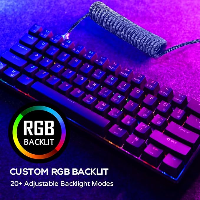 RK ROYAL KLUDGE RK61 Wireless Mechanical Keyboard, 60% Percent RGB, Black | Bluetooth/2.4GHz/Wired Hot Swappable PC Gaming Keyboard, 61 Keys Ultra-Compact for Win/Mac, Coiled Cable, Clicky Blue Switch - Image 2