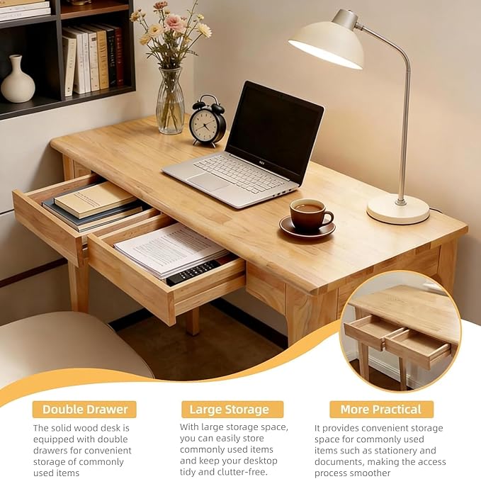 Solid Wooden Desk with Drawers, Small Writing Desk with Drawers for Computer, PC Desk for Work, Study or Gaming, Easy to Assemble - Image 6