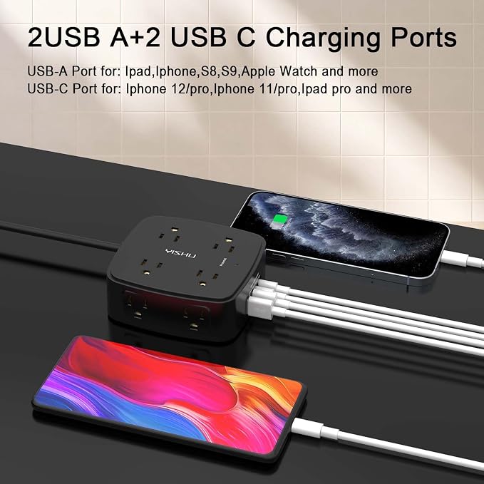 6 Ft Surge Protector Power Strip - 8 Widely Outlets with 4 USB Ports, 3 Side Outlet Extender with 6 Feet Extension Cord, Flat Plug, Wall Mount, Desk USB Charging Station, ETL,Black - Image 3