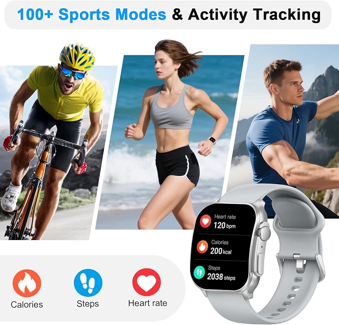 Smart Watch, 2.01" AMOLED Curved HD Full Touch Screen, Compatible with iOS & Android for Daily Workout Business Gift, Fitness Tracker with 24/7 Heart Rate/Sleep Monitor, IP68 Waterproof Watch Gray - Image 4